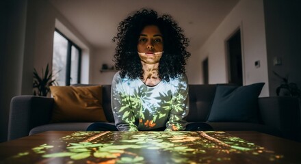 Woman Bathed in Projected Nature Light, Contemplative Mood, Indoor Scene