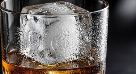 Whiskey Glass with Large Ice Cube and Condensation, Close-Up Shot