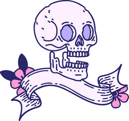 traditional tattoo with banner of a skull in bright neon color