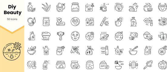 A collection of 50 hand-drawn line icons depicting various DIY beauty products and treatments, showcasing elements like natural ingredients and skincare routines.