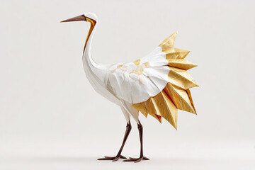 A photorealistic crane bird with origami-inspired white feathers and golden folded edges © Duy