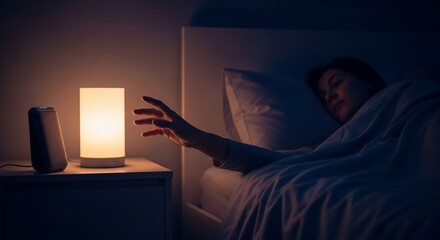 Woman Reaching for Bedside Lamp in Dark Bedroom at Night