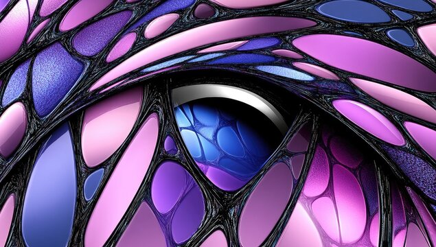 Abstract eye with iridescent, overlapping, pink and purple shapes, dark accents