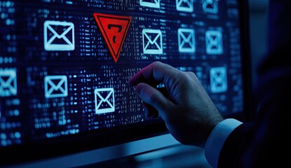 Close-up of a hand hovering over a computer screen displaying email icons and a red warning symbol