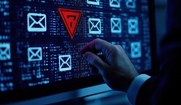 Close-up of a hand hovering over a computer screen displaying email icons and a red warning symbol