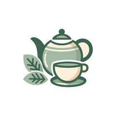 A serene tea set featuring a teapot and cup surrounded by green leaves, perfect for relaxation