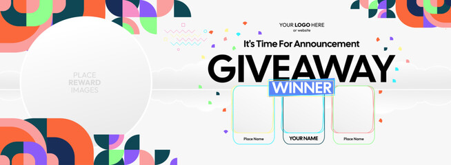 Giveaway winner announcement design with colorful geometric ornaments. Giveaway winner announcement with three winners. Horizontal wide banner, suitable for big mega sale, web and business themes