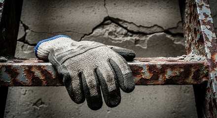 Worn Work Glove on Rusty Metal Frame Against Cracked Concrete Wall