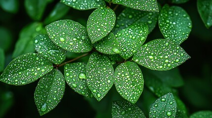 Fototapeta premium Close-up of lush green leaves, covered in dew drops