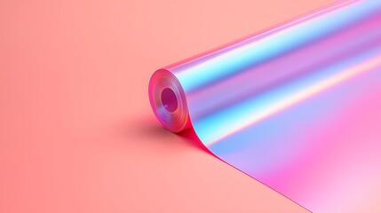 A shiny, iridescent roll of holographic film lies partially unrolled on a solid pink background.