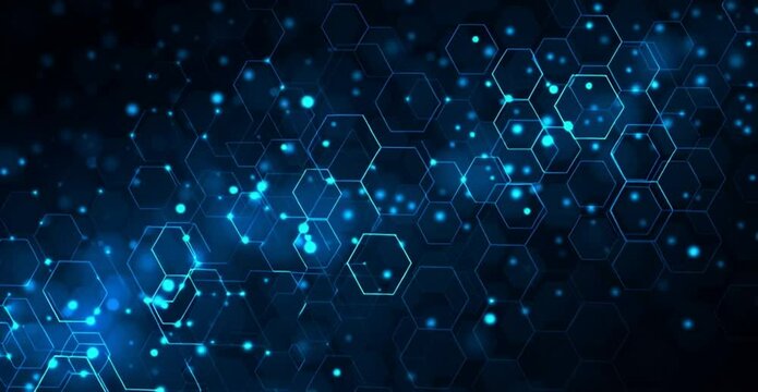 Abstract hexagonal pattern with glowing blue particles, representing high-tech, digital innovation, and futuristic science. Ideal for technology and cybersecurity visuals.

