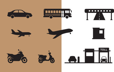 Black silhouette icons of various transportation methods for travel and commuting projects