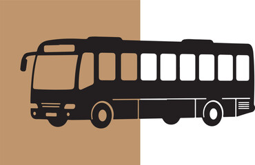A simple black silhouette illustration of a city bus on a two-tone background
