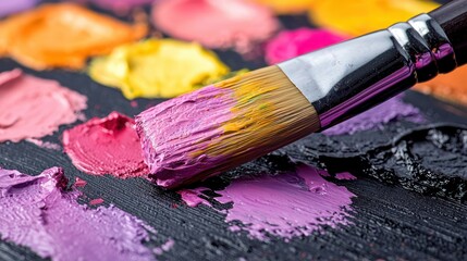 Obraz premium Close-up of paintbrush dipping into vibrant paint palette
