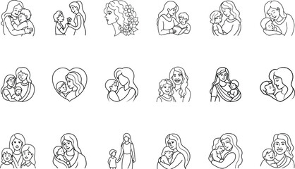 Line art illustrations mothers children in various loving poses baby