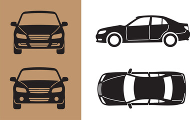 Vector illustration of black sedan car in different views showing front side and top
