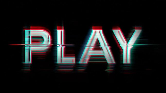 A small white triangle pointing to the right precedes the word "PLAY", styled in a white pixelated font. This layout mimics retro video game interfaces, all displayed on a solid black background for a