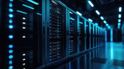 High-tech data center interior with blue LED-lit server racks and polished flooring, ideal for technology services, cloud infrastructure, cybersecurity, or digital network promotions
