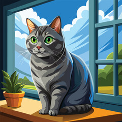 Obraz premium Gray cat sitting on a windowsill looking outside illustration for design use