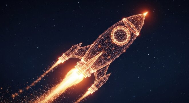Digital Rocket Launching Into Starry Night Sky