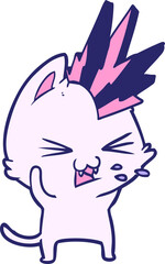 cartoon punk rock cat hissing in bright neon color