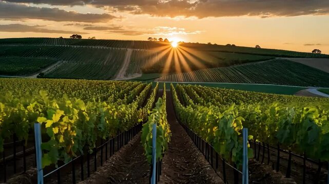Scenic vineyard landscape at sunset with rolling hills and sun rays in the sky.