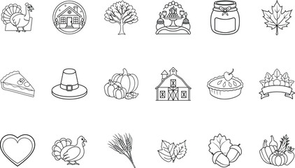 Outlined Thanksgiving Icons Set Turkey House Tree Table Jar Leaf Pie Hat Barn Heart Wheat Acorn Pumpkins