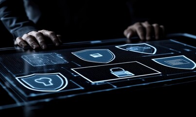Hands over a digital display with security icons