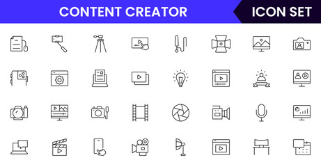 Content creator vector web line icon collection, sleek illustrations of cameras, pens, laptops, creative tools for vibrant, innovative designs.