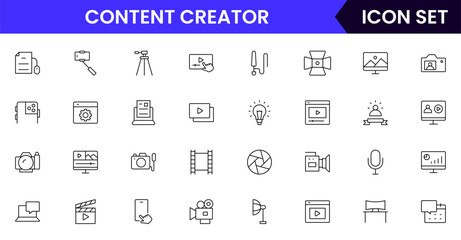 Content creator vector web line icon collection, sleek illustrations of cameras, pens, laptops, creative tools for vibrant, innovative designs.
