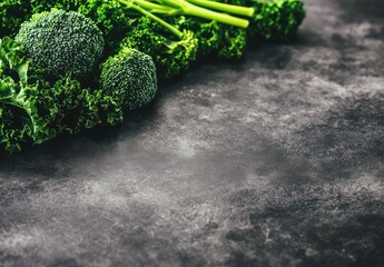 Fresh green kale and broccoli on dark surface