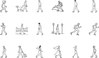 Outlined Walking Figures People Dogs Hiking Running with Luggage Various Activities