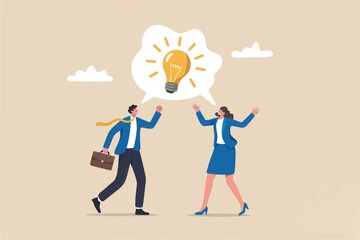 Two business professionals celebrating a brilliant idea together with a glowing lightbulb symbolizing innovation and success isolated on transparent background