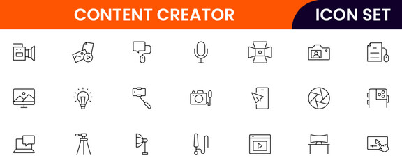 Content creator vector web line icon collection, sleek illustrations of cameras, pens, laptops, creative tools for vibrant, innovative designs.