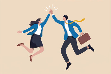 Two happy business people a man and a woman jumping and giving each other a high five celebrating success and teamwork isolated on transparent background