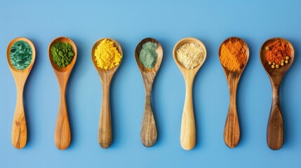 Colorful Wooden Spoons and Measuring Cups on a Bright Blue Background Perfect for Kitchen Use and Cooking Enthusiasts