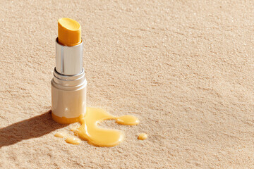 Minimal conceptual half melted balm stick yellow creamy cosmetic summer sand skincare emotional warmth beauty product outdoor