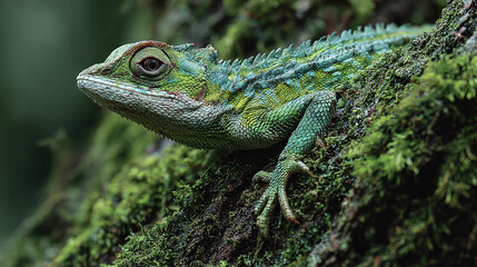 Obraz premium A detailed shot of a green lizard, beautifully showcasing its texture and vibrant colors in its natural environment.