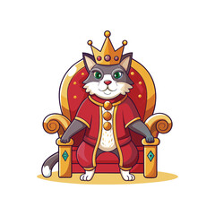 Majestic cat king sitting on ornate throne wearing royal crown illustration, cute feline monarch vector design with white background for regal and fantasy themes