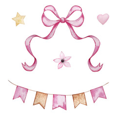 et of Watercolor images of baby toys, in beige pastel colors, essentials for baby shower or birthday party decoration