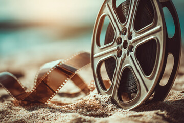 Vintage film reel with partial film strip on sandy beach, cinematic nostalgia, warm sunlight, outdoor setting, creative inspiration, retro movie concept, relaxed atmosphere