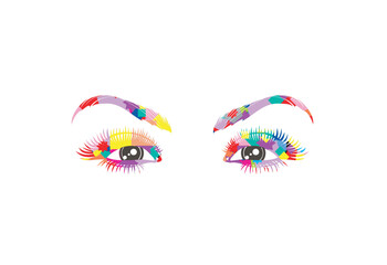 illustration of a pair of women's eyes with eyebrows and eyelashes in the form of a colorful collage