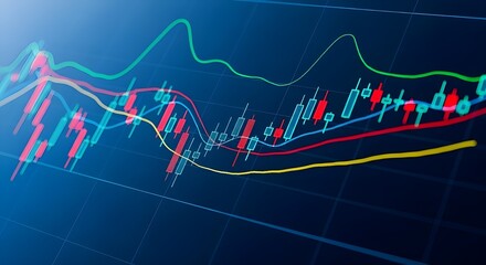 Trading chart showcases financial market analysis with colorful stock market price trends and detailed candlestick patterns.