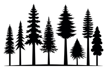 Obraz premium Evergreen Pine Tree Silhouettes – Black Vector Forest Trees Collection Isolated on White Background