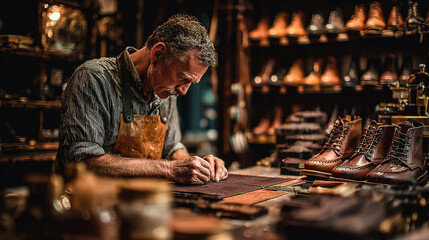 A skilled shoemaker at work, meticulously crafting a pair of leather shoes in his workshop