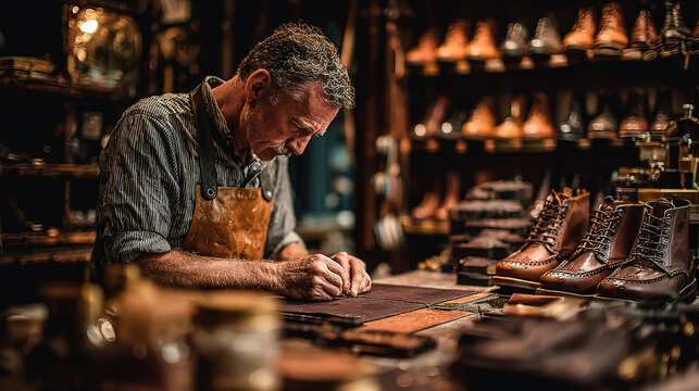 A skilled shoemaker at work, meticulously crafting a pair of leather shoes in his workshop