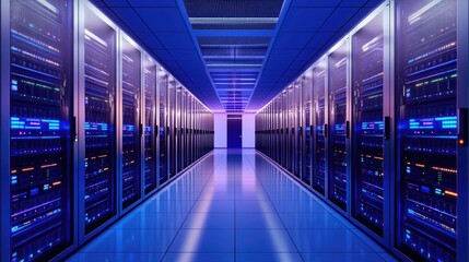 Futuristic data center corridor with purple and blue lighting and mirrored server racks, ideal for tech marketing, cybersecurity services, and high-performance cloud infrastructure visuals
