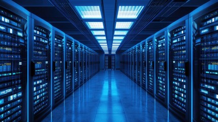 Bright modern data center with rows of advanced blue-lit server racks and polished reflective flooring, ideal for cloud technology, IT infrastructure, and digital security promotions