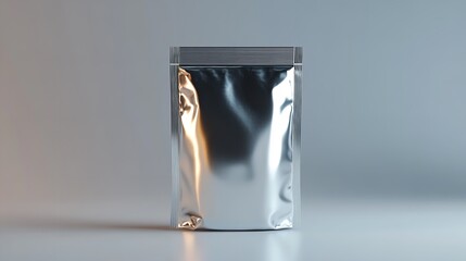 A shiny, silver packet sits unopened on a dark table surface, reflecting soft light in the background, creating an intriguing visual contrast