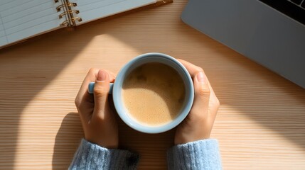 Hands Holding Coffee Cup at Work Desk with Laptop